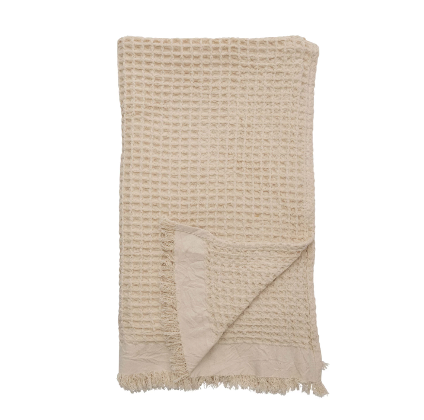 60"x50" Waffle Weave Throw w/ Fringe