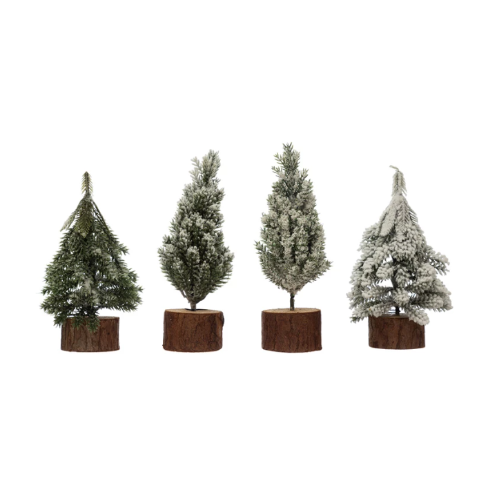 Snowy Mini Pine Tree w/ Wood Base - 4 Styles
