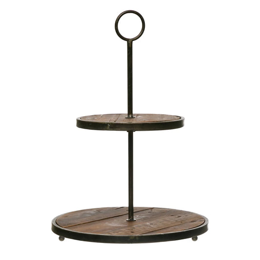 22” Metal and Wood 2-Tier Tray