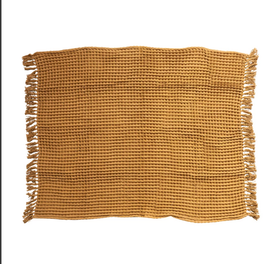 Mustard Waffle Weave Throw w/ Fringe