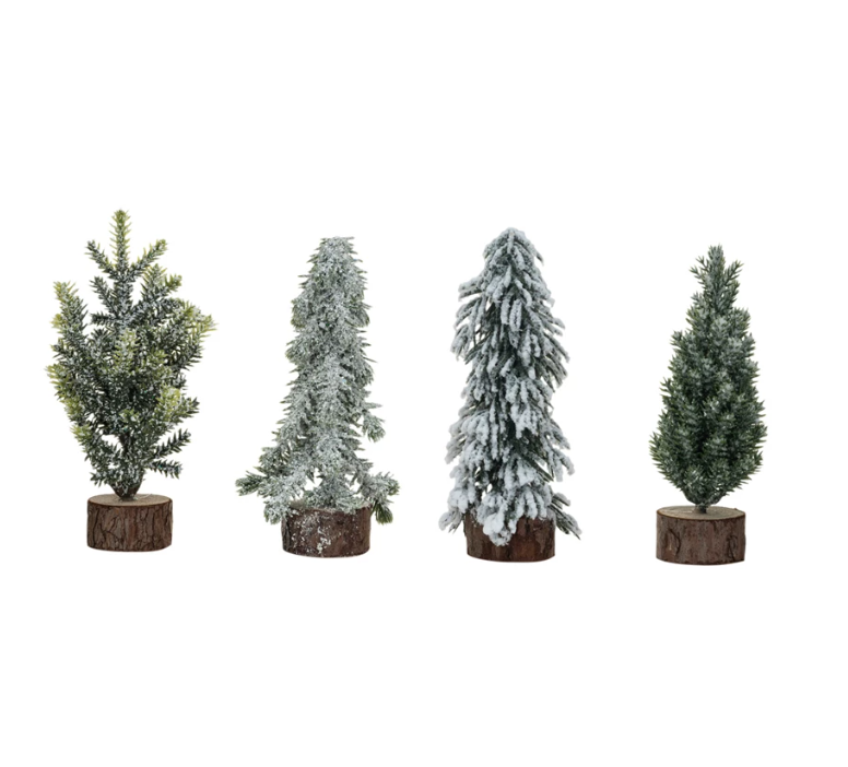 Snowy Mini Evergreen Tree w/ Wood Base - 4 Styles
