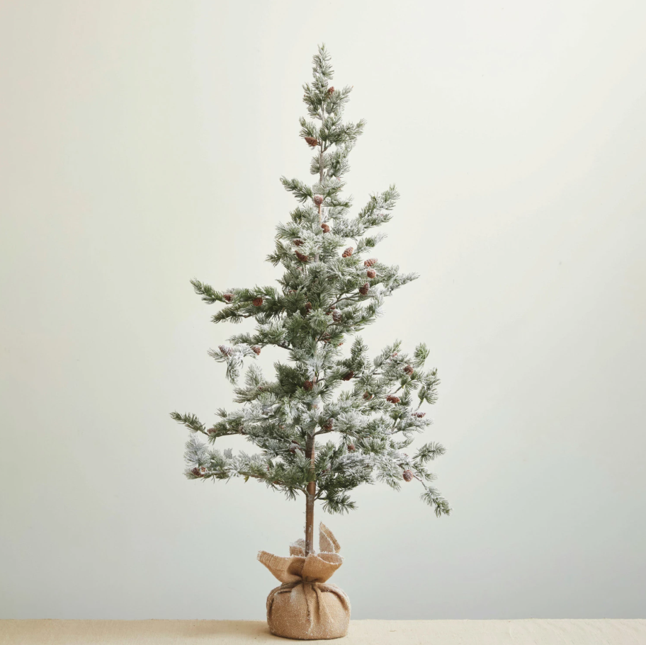 59" Snowy Evergreen Tree in Burlap Sack